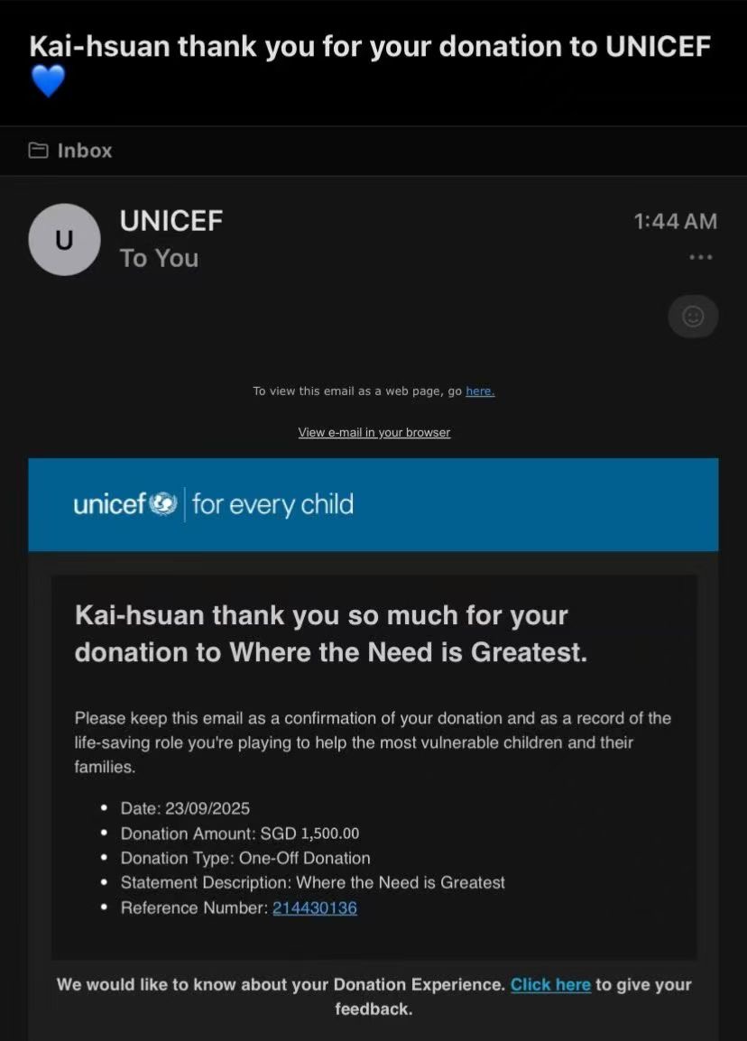 UNICEF 捐款證明 USD 50,000